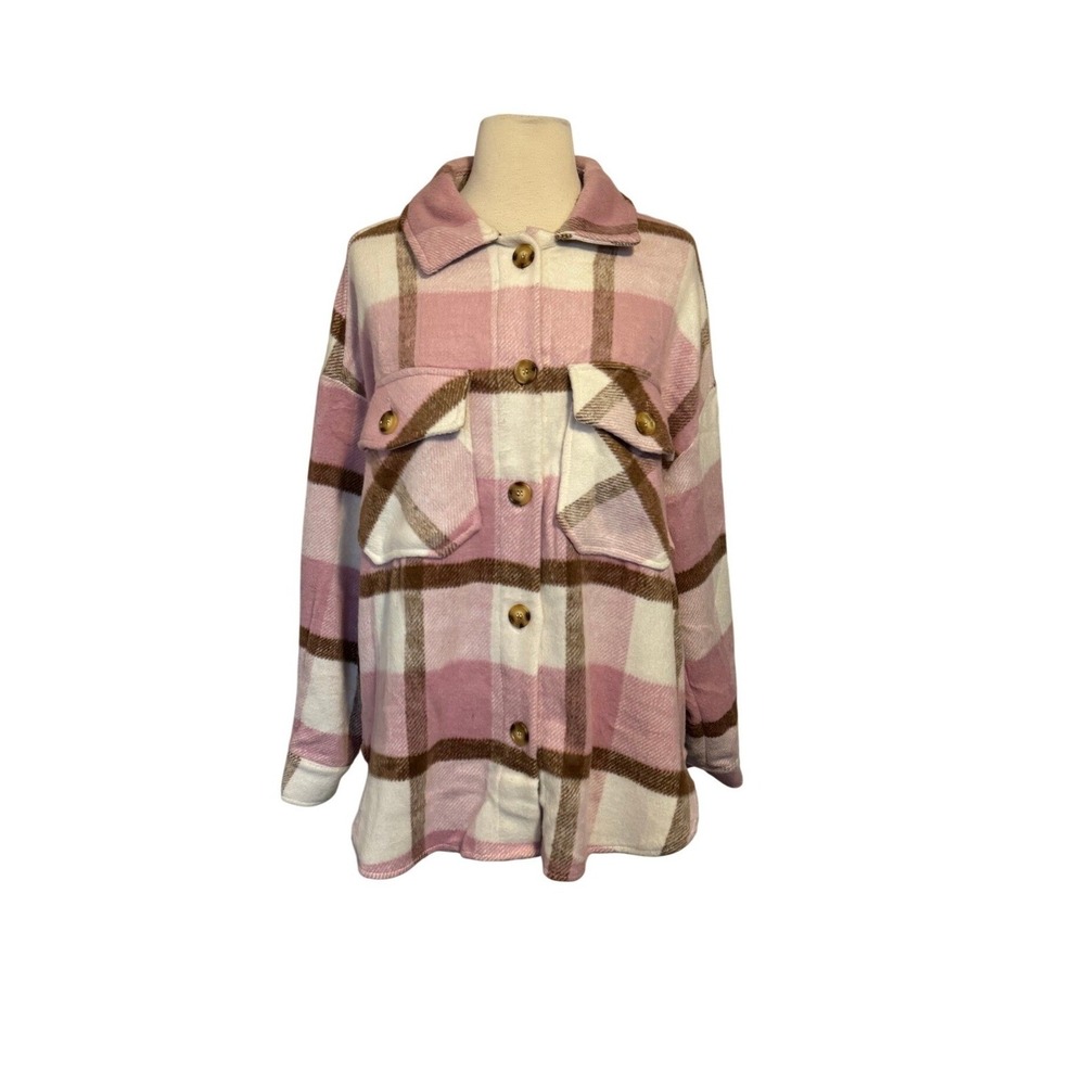 Timing Womens Pink Plaid Button Front Flannel Shacket Shirt Jacket Size Large